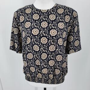 G.W. Blouse Women's 10 Blue Floral Stretch Hem Shoulder Pads Vintage